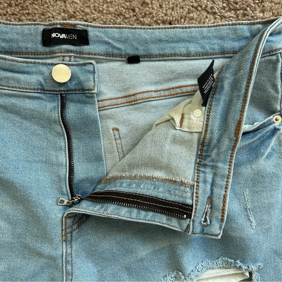 Fashion Nova Men Medium Wash Blue Big Time Patchwork Skinny Jeans Size 38 - Picture 9 of 13